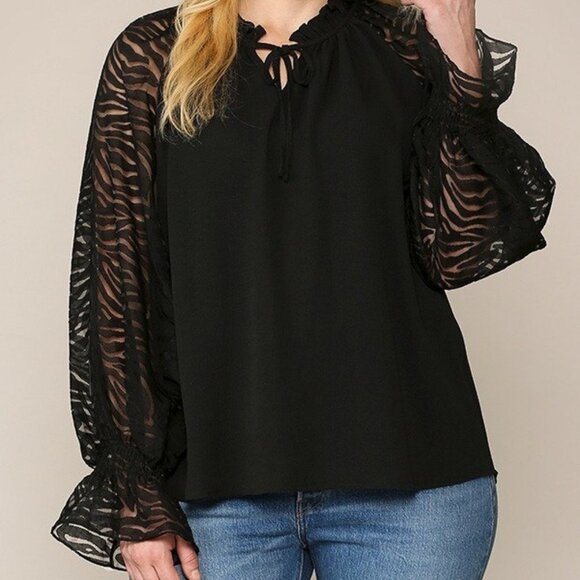 Zebra Burnout Sleeve Ruffled Neck Bubble Crepe Blouse - Picture 2 of 5